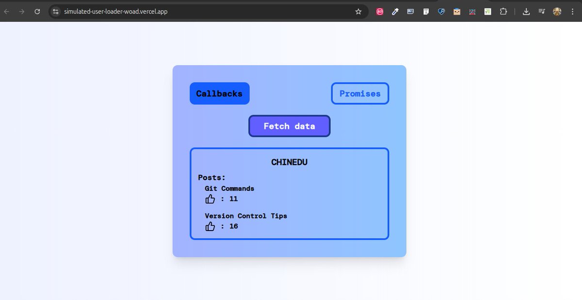 ManolisTheDev's tweet photo. Day 18 of #GDGoCBowen #GDGoC30DayChallenge

Today, I created a small app that simulates fetching user data . First, i implemented it using callbacks, then refactored it to use promises.
Code : https://t.co/fe0fdOWvlM
Live : https://t.co/JSMRwesOsj
@gdgoc_bowen https://t.co/hPaECabj0A