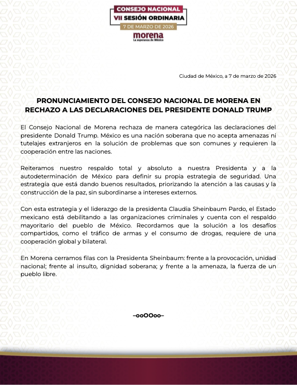 PartidoMorenaMx's tweet photo. 📰 Pronunciamiento del Consejo Nacional de Morena en rechazo de las declaraciones del Presidente Donald Trump

🔗 https://t.co/J9rmxPKmD2 https://t.co/mLm2Blg0n1