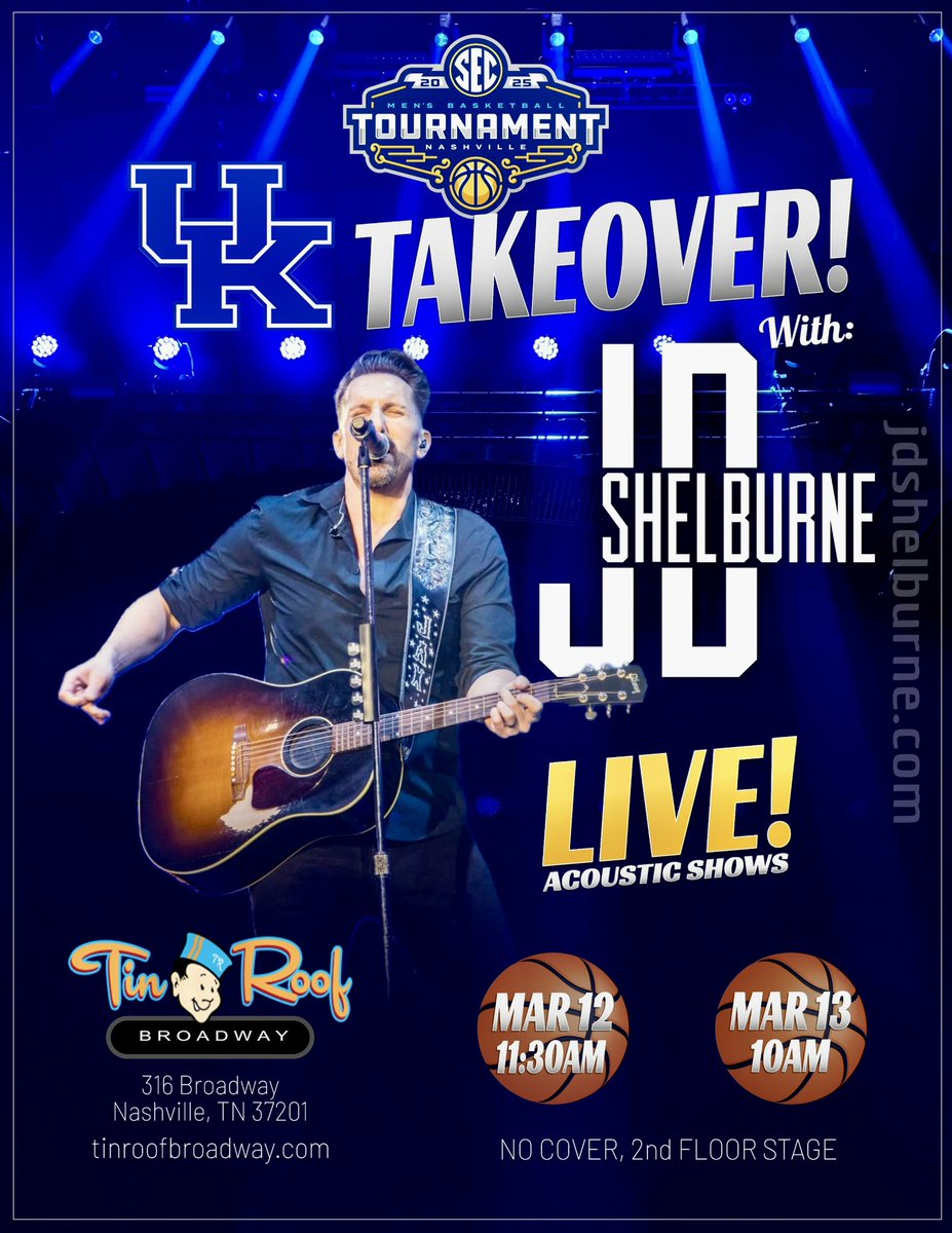 JDSHELBURNE's tweet image. I agreed to play 2 acoustic shows next week at the @SEC Tourney! If anyone comes to town, I’d love to see you Thurs/Fri. @TinRoofNash #SECTournament