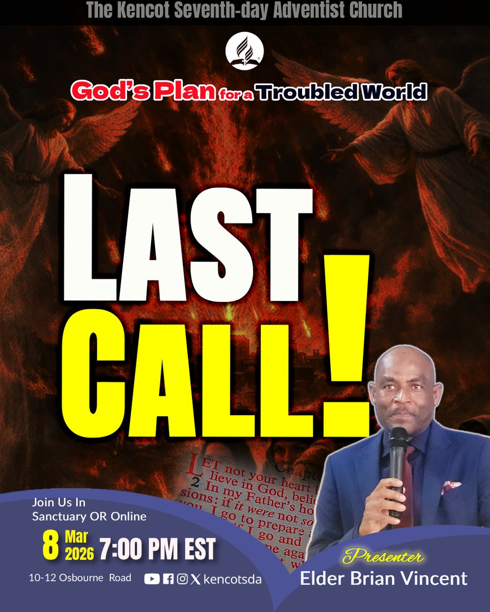 Last Call - God's Plan For a Troubled World with Evangelist Brian Vincent on Sunday March 8, 2026 at  7:00 PM EST. Join us for the final presentation in this series youtube.com/live/Y-AN9lfrR…

#lastcall #Maranatha #Jesusiscomng <a href="/adventistchurch/">Adventist Church</a> <a href="/ejcsda/">East Jamaica Conference</a>