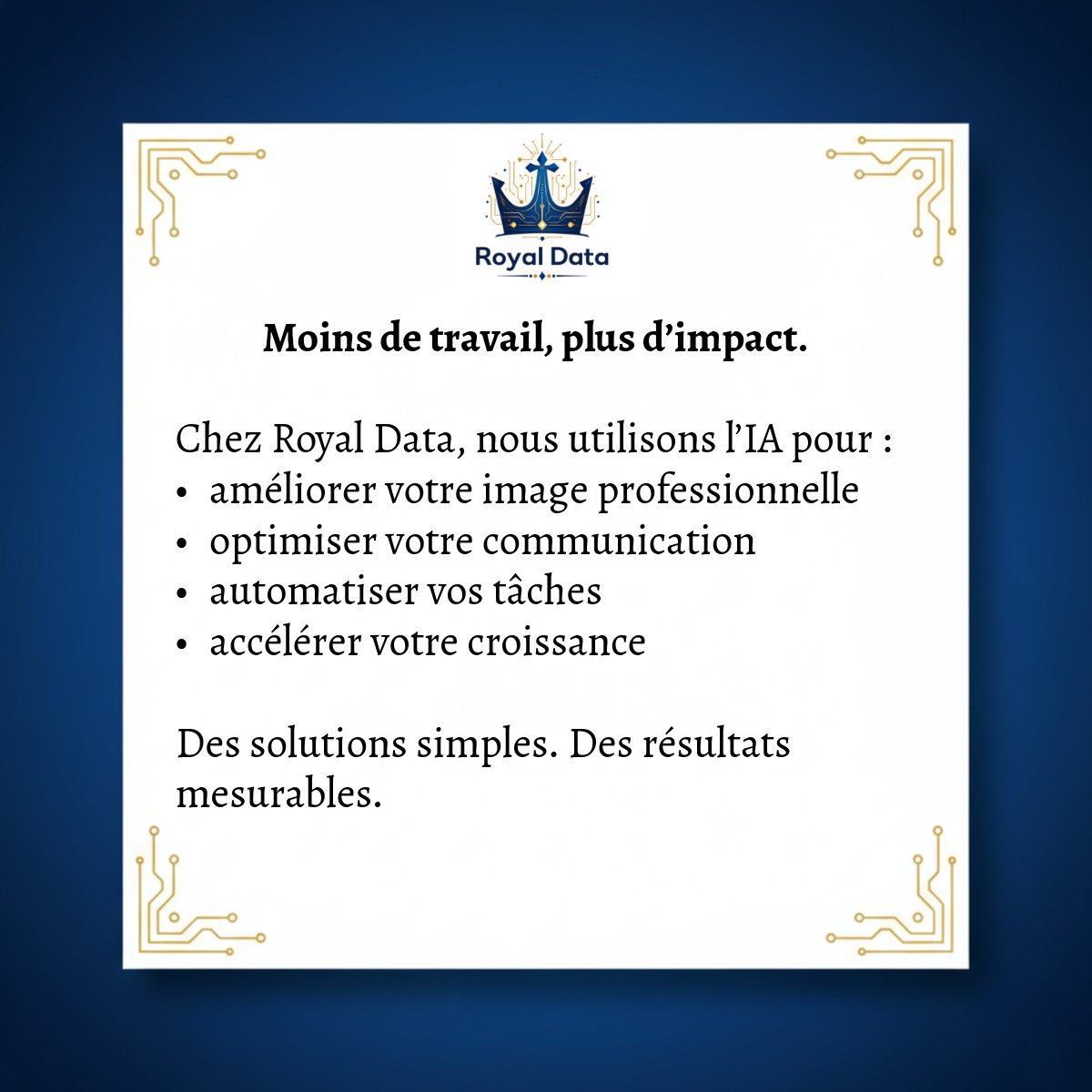 royaldata_'s tweet photo. Un business visible attire plus d’opportunités.

Royal Data accompagne freelances et entreprises avec des solutions basées sur l’intelligence artificielle et l’automatisation.

Fais défiler les affiches pour découvrir nos services. https://t.co/dDeHzc3LCa