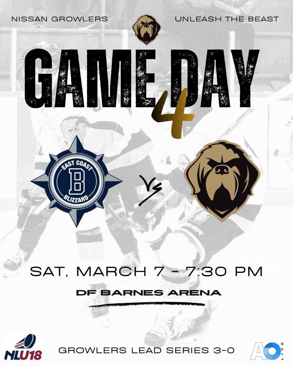 AAAGrowlers's tweet photo. ⬛️⬜️🟨 Game Day - Finals Game #4!!
🕢 7:30PM
🆚 @EC_Blizzard 
📍 @DFBarnesArena
📺 https://t.co/qSw0hhOWjp
🎙️ @FelthamDrew

#NoTimeOff #Woof https://t.co/vCZxdibkK5