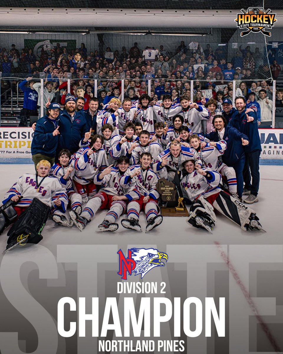 wiaawistate's tweet photo. Congratulations to the Northland Pines Eagles, your 2026 D2 Boys Hockey State Champions!🏆🏒 #wiaahockey https://t.co/qKCQ5TG5ey