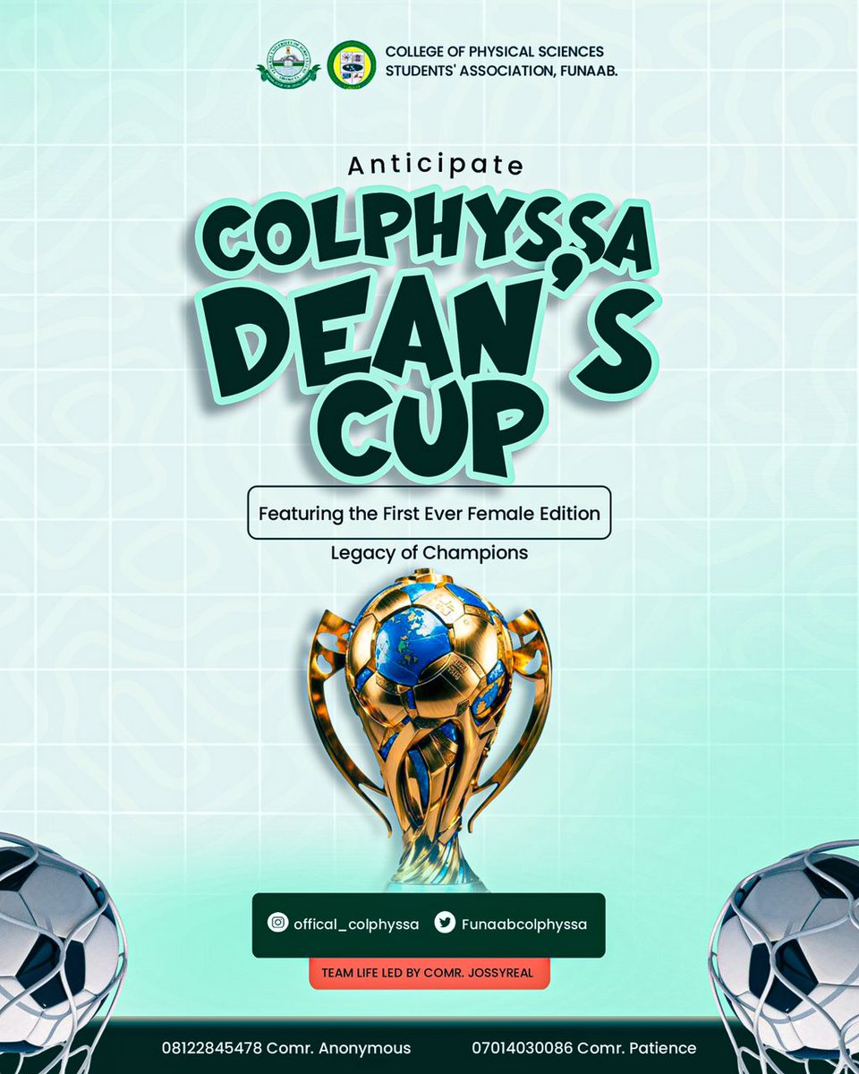 Pablo16Lord's tweet photo. 4 Departments. 12 Teams. One Champion. ๐
Who will rise for glory?
The battle for the COLPHYSSA Deanโs Cup begins.
Featuring the first ever female edition.
Presented by the Office of the Sports Director โ Deanโs Cup 2026: Legacy of Champions.
#DeansCup #COLPHYSSA โฝ๐ฅ https://t.co/29xn3l4n7K