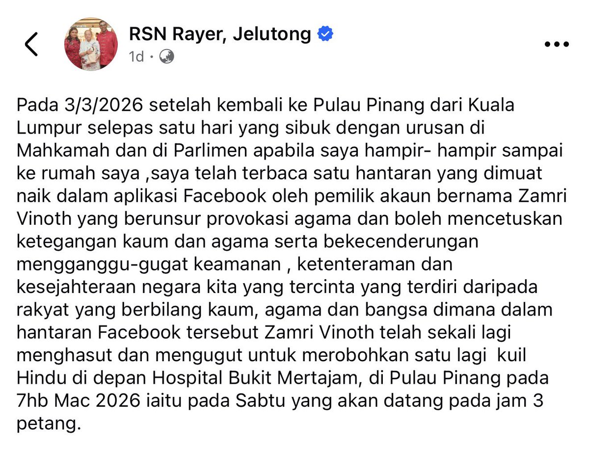 FirdausWong's tweet photo. TANGKAP RAYER!!!!

Rayer membuat laporan polis serta kenyataan palsu yang MENGHASUT! Apa laporan palsunya?

Dia menipu kononnya Zamri Vinoth menghasut & mengugut untuk merobohkan kuil Hindu di depan Hospital Bukit Mertajam! 

Zamri TAK PERNAH sebut/tulis pun untuk merobohkan kuil!

Si penghasut @RSNRayer1 MESTI DITANGKAP & DIDAKWA kerana jelas MENGHASUT DENGAN MENIPU!

Di Parlimen dia ada imuniti. Ahli politik PENGHASUT begini wajar dihumban ke penjara demi keharmonian negara!

Siapa yang buat huru hara wahai Steven Sim? Wahai pemimpin DAP? Wahai ahli politik?

Saya masih menunggu kenyataan tegas Steven Sim terhadap mereka yang menyerang Zamri Vinoth!
