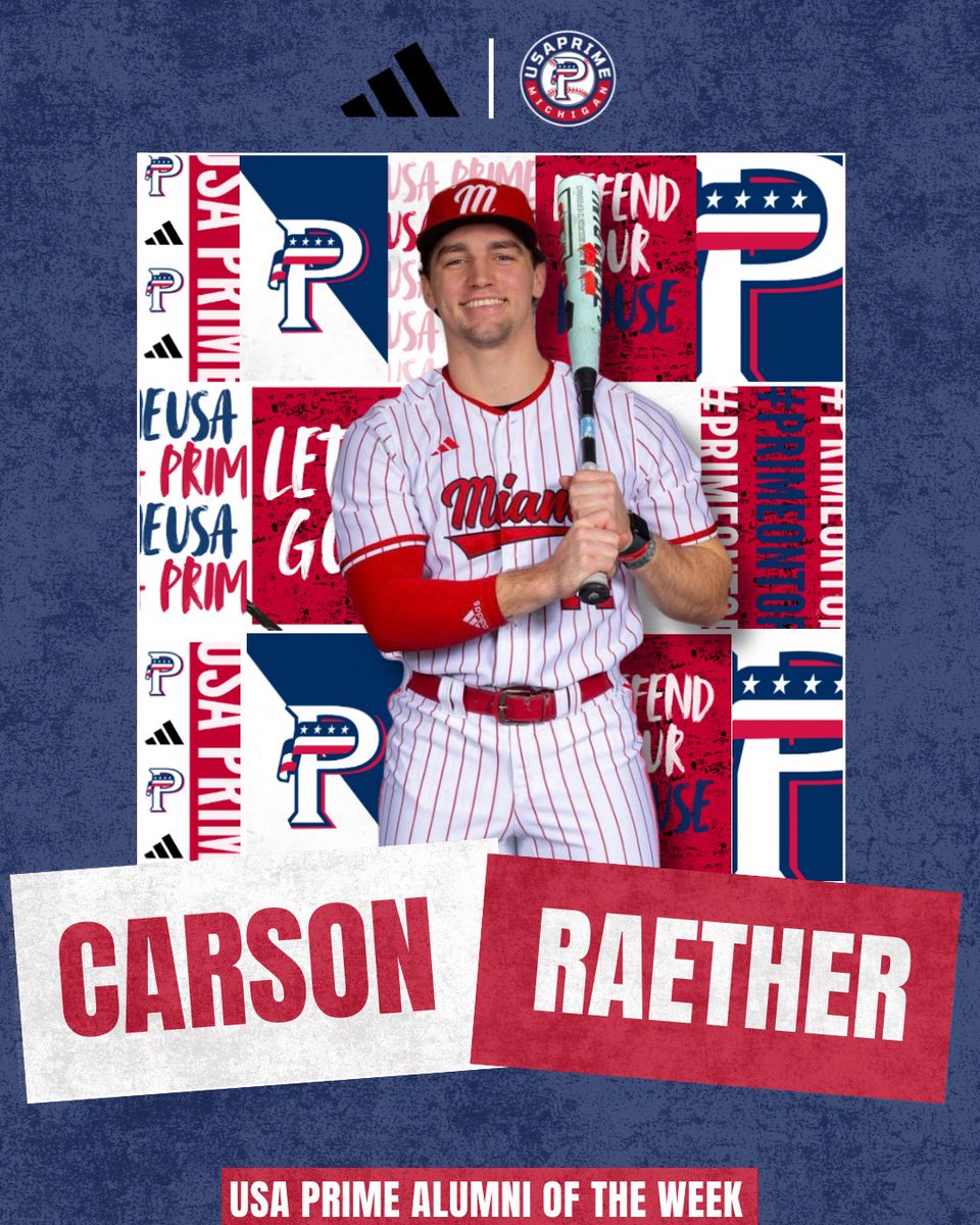 USAPrimeMI's tweet photo. 🇺🇸 USA PRIME ALUMNI OF THE WEEK 🇺🇸

Big week at the plate for Carson Raether (Miami University – OH) putting together a huge offensive stretch for the RedHawks.

📊 .323 BA
💥 1.233 OPS
🚀 6 XBH (2 HR)
🔥 14 RBI

#PrimeOnTop #AlumniOfTheWeek https://t.co/8nntfZBs8d