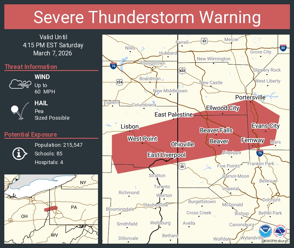 NWSPittsburgh's tweet photo. Severe Thunderstorm Warning including Fernway PA, East Liverpool OH and  Beaver Falls PA until 4:15 PM EST https://t.co/Ep1LiF0vwL