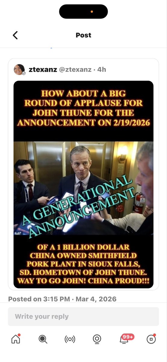 IreadWordofGod's tweet image. China owns our pig farm. What’s going on with that and why is that happening? They have no right to own anything in our country let alone John Thune’s State.