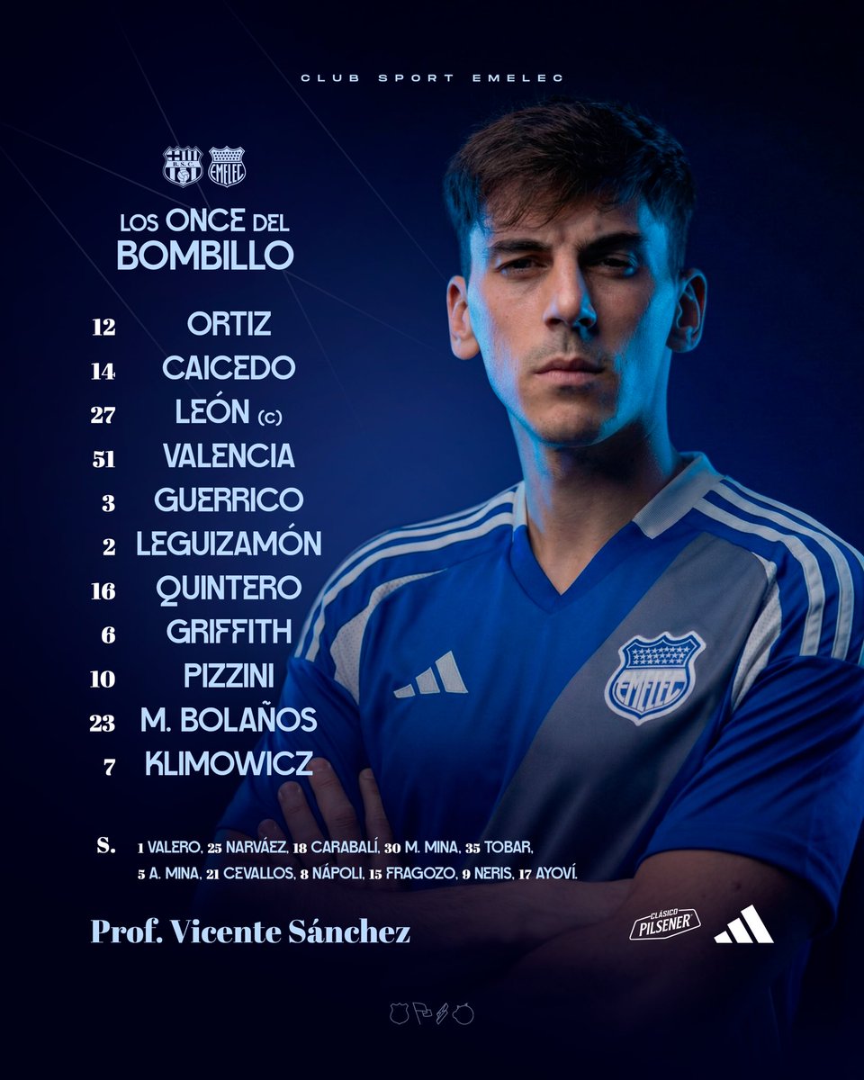 CSEmelec's tweet photo. Así alinea el Club Sport Emelec ⚡🔵

📋 ¡Nuestro 𝑿𝑰 listo para dejarlo todo en la cancha!🔵

#BSCvsCSE #LigaEcuaBet

#VolvemosASerEmelec⚡
#LigaEcuabetconectadaporXtrim 
#ClasicoPilsener https://t.co/f04LCVehf5