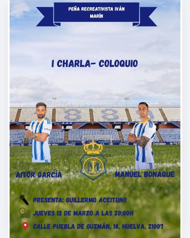 marin_pena76978's tweet photo. La Peña Recreativista Iván Marín organiza su I Charla - Coloquio con Aitor García y Manuel Bonaque, presentado por Guillermo Aceituno.

Un ratito para hablar de fútbol, del Recre y pasar un buen rato entre recreativistas.

¡Os esperamos! 💙🤍💙 https://t.co/f4c2KD1q2i