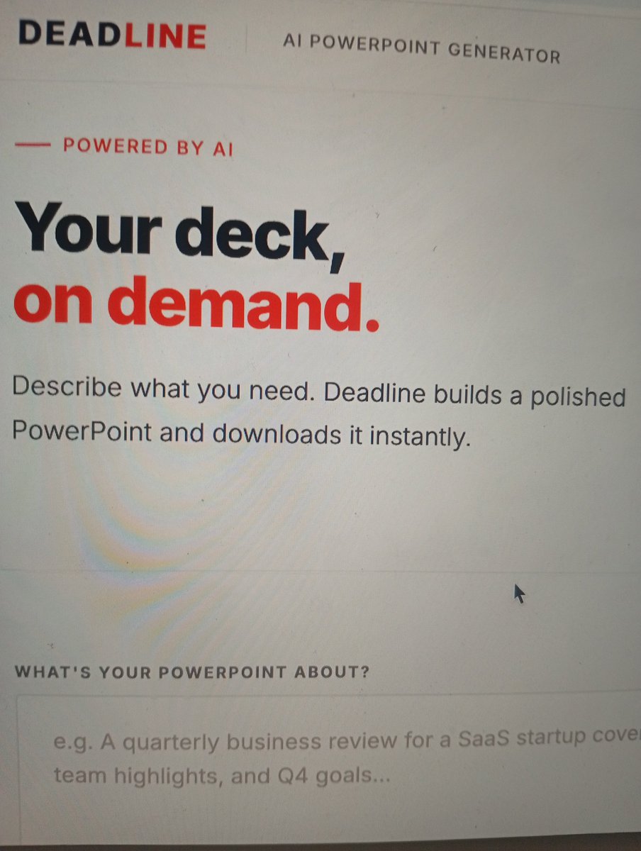 davidaluu's tweet photo. Describe your PowerPoint concept and let deadline stitch one for you in seconds and download automatically in real time. It's 100% free. Try it out and tell me what you think.
#powepoint #AI #startuplife
https://t.co/WcXrYNviWc https://t.co/A6Jr75uvbE