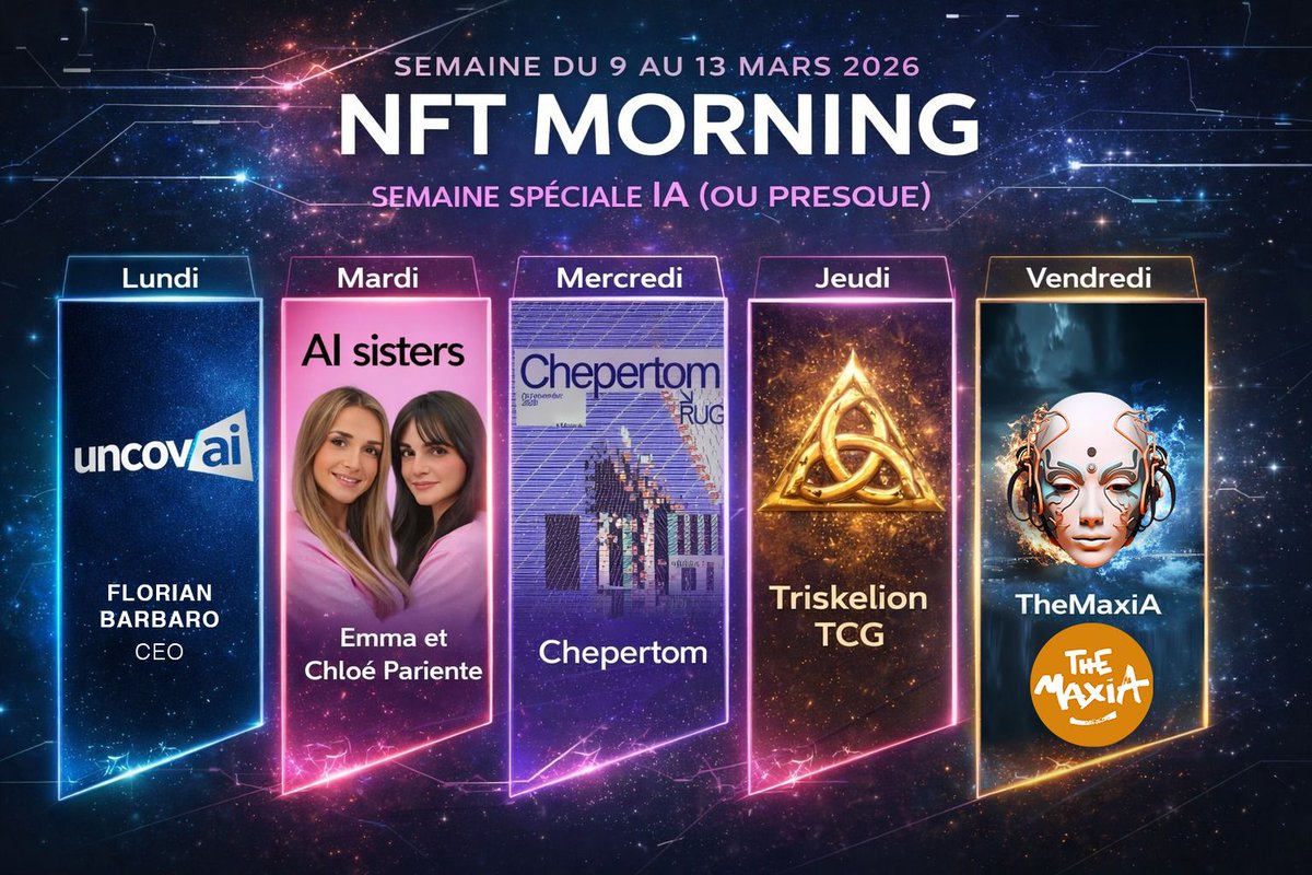 NFTmorning's tweet photo. 🚨 Retour aux fondamentaux cette semaine dans le NFT Morning !

Dès lundi nous serons en live TOUS LES MATINS, et, fait assez rare, on va beaucoup parler IA… 
mais pas que 👀

🎙️ Au programme :

🟦 Lundi 9h
Florian Barbaro, fondateur de @UncovAI 
→ lutte contre la désinformation & sécurité à l’ère de l’IA
🟪 Mardi 9h15
Emma & Chloé alias les AI Sisters
→ comment elles forment les entreprises à l’IA
🟨 Mercredi 9h
Retour à l’art digital avec @chepertom et Josephine (@FunghiGallery)
→ art génératif + tissage Jacquard
🟧 Jeudi 9h
Place au gaming et au Trading Card Game avec Triskelion 
🟩 Vendredi 9h
→IA et Art avec le retour de @themaxia_x 
→ IA & création artistique

💥 Une semaine entre IA,  entreprenariat, art digital, sécurité et gaming