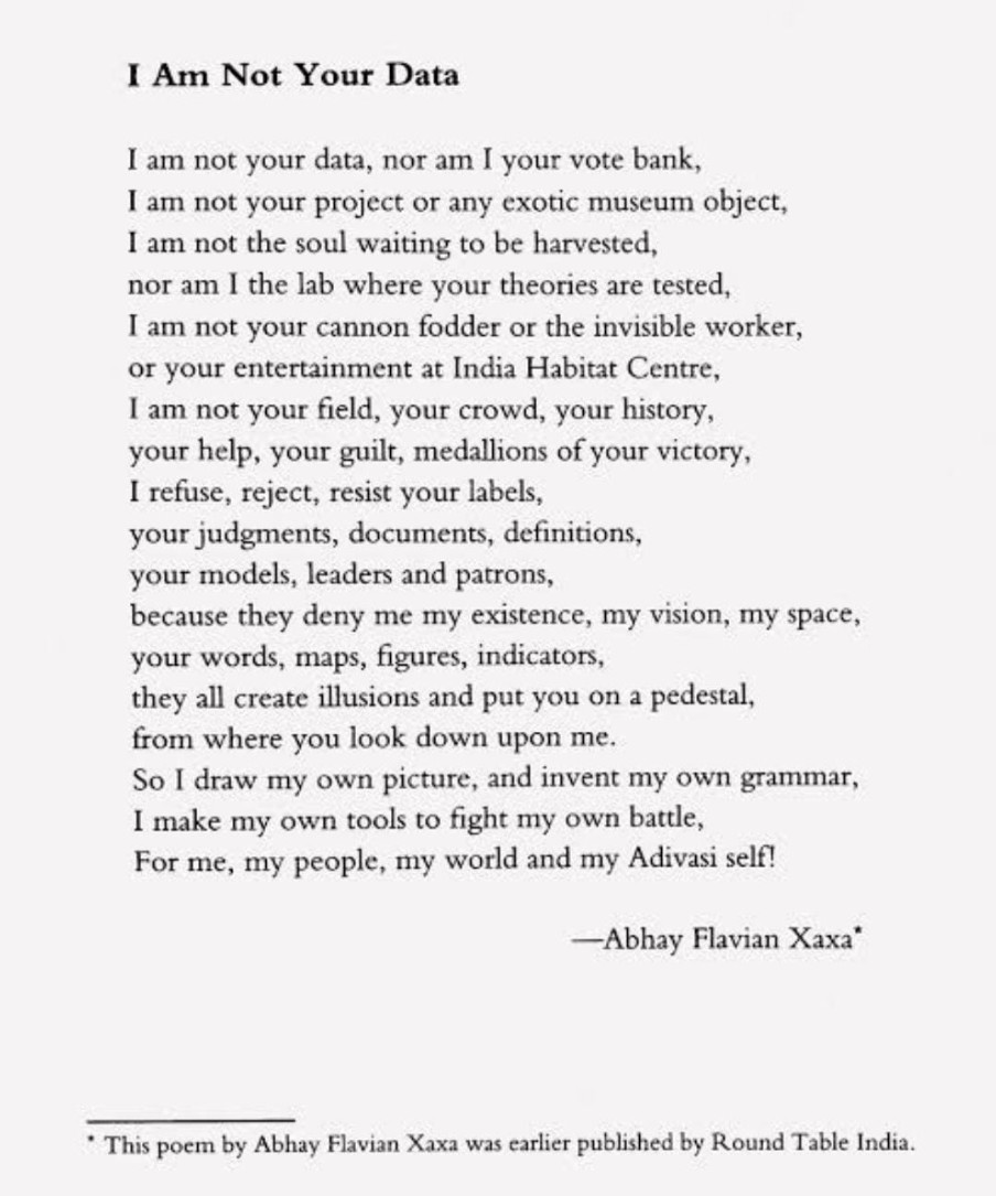 Rehna_AntiCaste's tweet photo. I am not your data- Abhay Flavian Xaxa https://t.co/ZwAxX4KF46