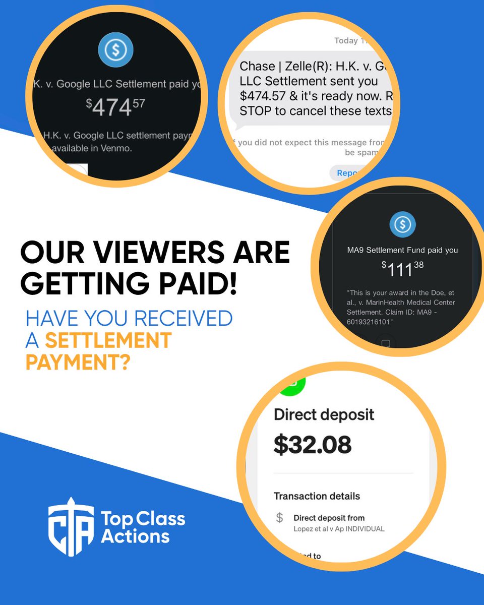 TopClassActions's tweet image. 💰 Just got a settlement check? Tell us which one! Still waiting? Follow us for daily alerts and updates so you never miss a payout.

#ClassAction