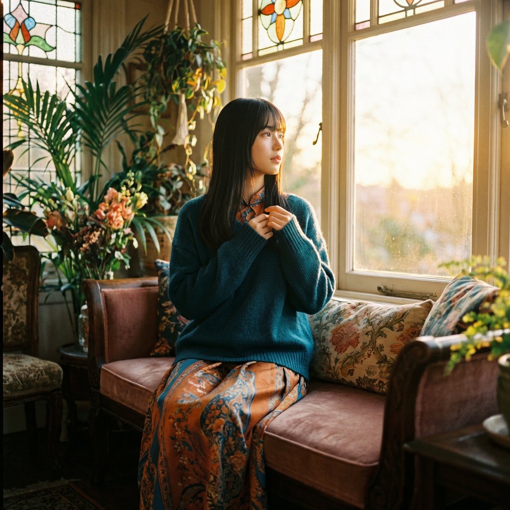 takamura_tif's tweet photo. #TIF #髙村栞 #Loish

Lois van Baarle (Loish) の作品世界を、写真という媒体で再解釈しました。彼女のイラストレーションに共通する「温かみのある光」「豊かな色彩」「自然体な女性像」という要素を抽出し、生成された写真に以下の形で反映させています。

光と色彩: Loishの作品に特徴的な、温かく包み込むような光を、窓から��し込む「朝の光」で表現しました。これにより、被写体と空間全体に柔らかいハイライトと影が生まれ、Loishの絵画のような情緒的で温かい雰囲気が醸し出されています。色彩も、Loishが好む青緑やオレンジ、テラコッタといった豊かで深みのあるパレットを意識し、モデルの衣装や室内の装飾に採用しました。

雰囲気と構図: Loishが描く女性像に見られる、自然体でリラックスした雰囲気を、モデルが窓の外を静かに見つめるポーズで捉えました。また、フィルム写真のような少しノスタルジックで質感のある描写にすることで、デジタルアートであるLoishの作品が持つ独特の柔らかさと温かみを、写真として再現することに努めました。