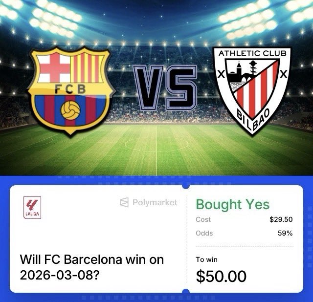 In their last meeting, Barcelona won 3-0. What are we going to see this time?

Bought FC Barcelona on <a href="/Polymarket/">Polymarket</a> before the match started.  
Odds: 59%

Good luck 🍀