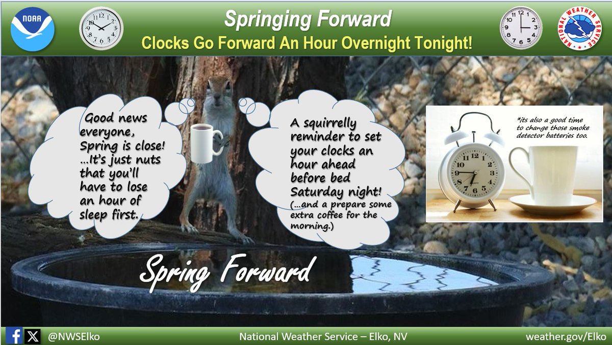 NWSElko's tweet image. Well, It's that time again. When we start to think of Spring but lose sleep in the process. Remember to set your clocks 1 hour forward tonight.
It's also a good time to replace those batteries in your smoke detectors too. #NVwx #SpringForward