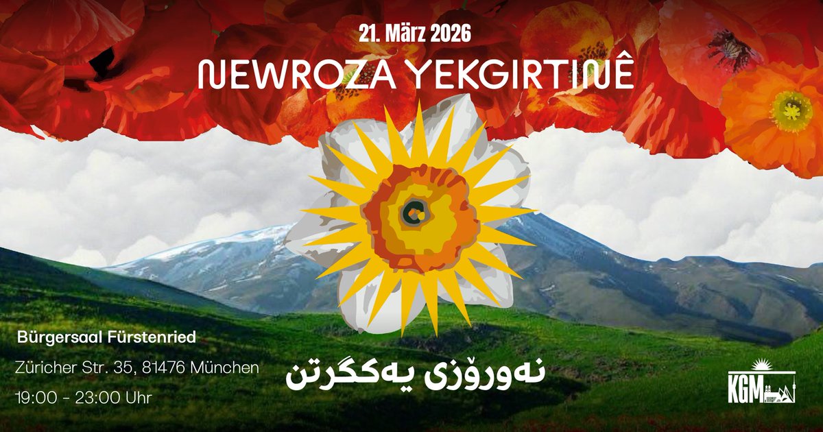 Newroz ist nicht nur das kurd. Neujahr – es steht für Widerstand, Hoffnung, Wiedergeburt &amp; Zusammenhalt.
Die KGM lädt euch herzlich ein, gemeinsam Newroz zu feiern. Freut euch auf einen Abend voller Musik, Gesang &amp; kurd. Tänze – &amp; darauf, unsere Kultur &amp; Gemeinschaft zu erleben.