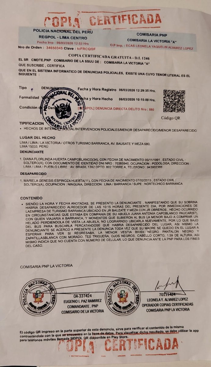 Latina_Noticias's tweet photo. 🚨 #LatinaTeBusca | Mariela Huerta Espinoza, de 13 años, ha desaparecido. Fue vista por última vez en la cuadra 8 del jr. Humboldt, en dirección al Porvenir. Si tienes información sobre su paradero, comunícate al 985 372 110 con la sra. Rebeca Huerta. https://t.co/r9fESEHAFF