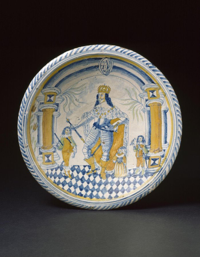 jdmccafferty's tweet image. Dish, Charles I Made in the Pickleherring pottery #Southwark in 1653    Presumably made on special order, covertly.    (Victoria &amp;amp; Albert Museum, London)