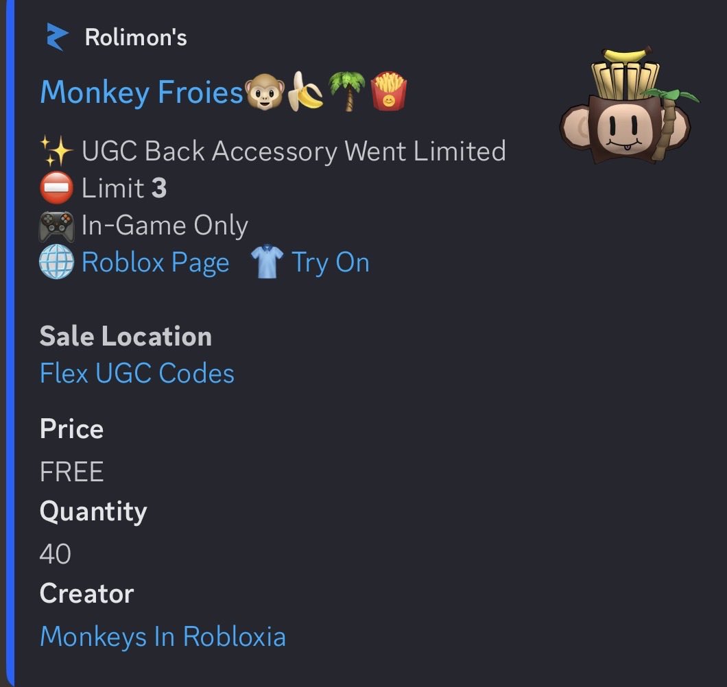 Here is a wild froies holding a banana in his head and holding a palm tree?

Monkey froies has officially released collab with <a href="/Shady_Rblx/">〽️Shady〽️</a> 

Get it through code drops from me or him 😁