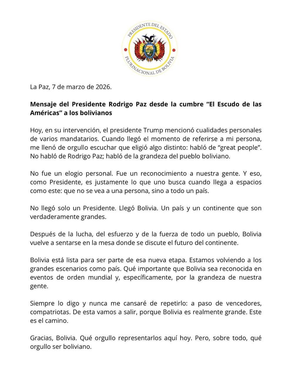 MRE_Bolivia's tweet photo. 🇧🇴🌎 Desde la cumbre “El Escudo de las Américas”, el presidente Rodrigo Paz destacó que Bolivia vuelve a estar presente en los espacios donde se dialoga sobre el futuro del continente.

#Bolivia #BoliviaEnElMundo #DiplomaciaBoliviana #EscudoDeLasAméricas https://t.co/jUlpaiR9Dc