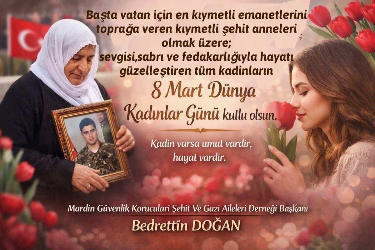 Kadın; merhametin,sabrın ve fedakârlığın adıdır.
Bir anne,bir eş,bir evlat,bir öğretmen,bir yol göstericidir.

Başta vatan için evlatlarını toprağa veren şehit anneleri olmak üzere;
sevgisiyle dünyayı güzelleştiren, emeğiyle hayatı ayakta tutan tüm kadınların günü kutlu olsun.