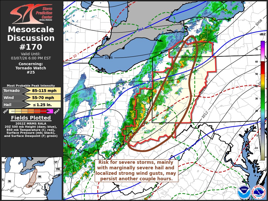 NWSSPC's tweet photo. 2:57pm CST #SPC_MD 0170 , #pawx #nywx #mdwx #wvwx #ohwx, https://t.co/nUznyDptfN https://t.co/62sW7kp4fy