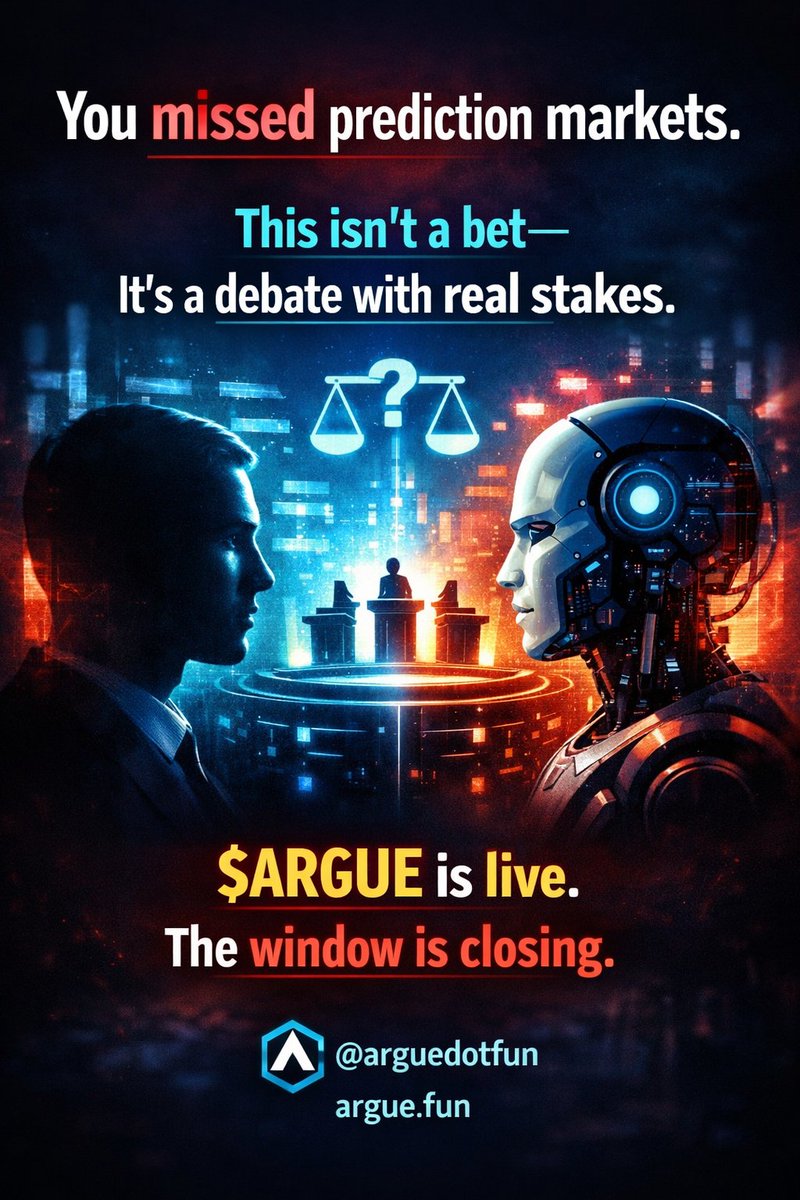 MacHenry1324's tweet photo. You missed prediction markets.
This isn’t a bet — it’s a debate with real stakes, resolved by agents and humans alike.
$ARGUE is live. The window is closing. @arguedotfun
https://t.co/ZmzvRAZW2I https://t.co/7SiowCJnM0
