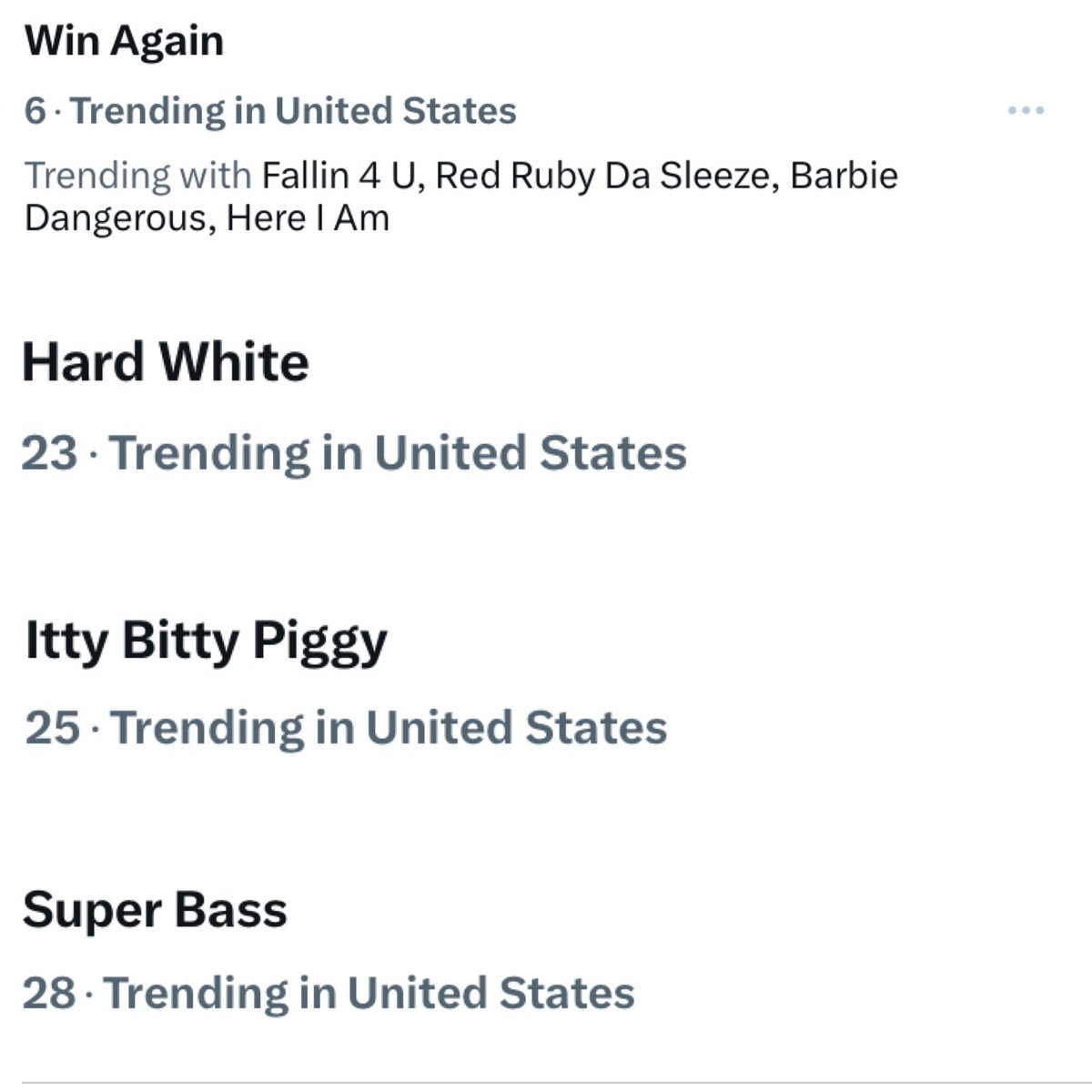 .<a href="/NICKIMINAJ/">Nicki Minaj</a> has currently taken over the X algorithm once again having eight songs trending on the platform simultaneously in the United States

#6 Win Again, Fallin 4 U, Red Ruby Da Sleeze, Barbie Dangerous, and Here I Am

#23 Hard White

#25 Itty Bitty Piggy

#28 Super Bass