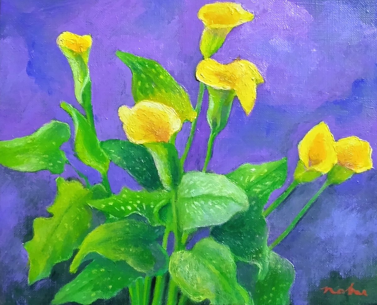 懐かしい一枚、昔個展の時に頂いた花を描いた作品。「黄色い訪問者」油彩 F3