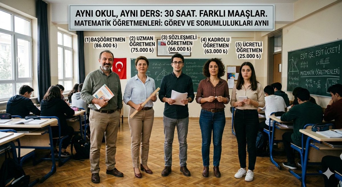 Aynı okulda görev yapan 5 matematik öğretmeni

 Hepsi haftalık 30 saat derse giriyor.

Görev ve sorumlulukları aynı

Aldıkları maaş çok farklı.

*Başöğretmen 86.000₺

*Uzman Öğretmen 75.000₺

*Kadrolu Öğretmen 63.000₺

*Sözleşmeli Öğretmen 66.000₺

*Ücretli Öğretmen 25.000₺