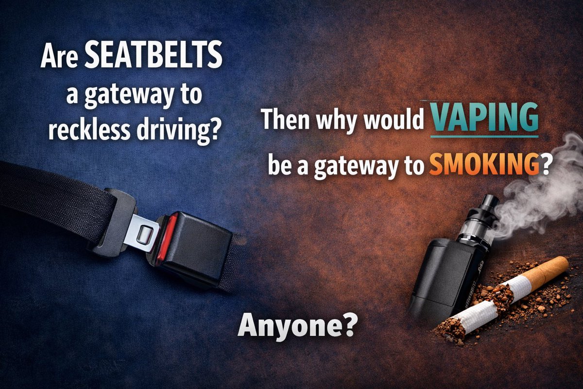 LivePippas's tweet image. Are seatbelts a gateway to reckless driving? 

Are parachutes a gateway to suicidal jumping? 

Are condoms a gateway to sexual infections? 

Then why would vaping be a gateway to smoking? 

Anyone? 

It’s time to quit the #QuitScamIndustry &amp;amp; embrace #HarmReduction!