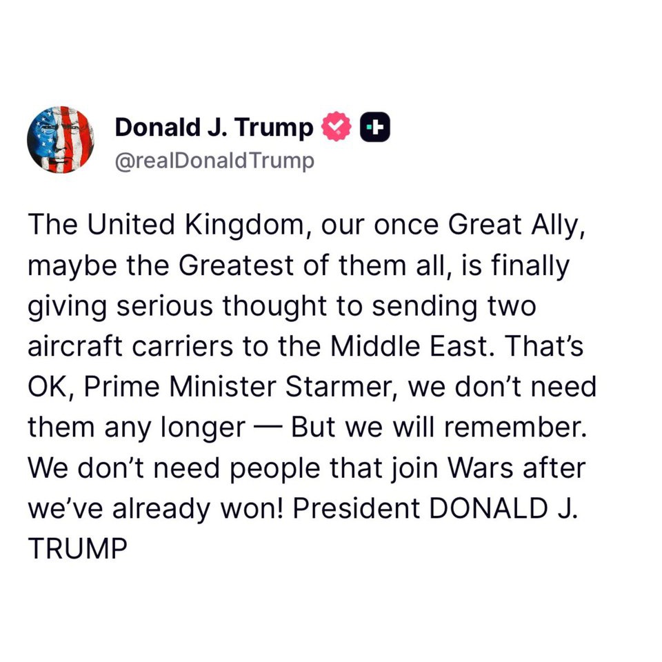 🇺🇸🇮🇷🇬🇧 O presidente Trump acaba de declarar que a guerra com o Irã JÁ ESTÁ VENCIDA, dizendo ao Reino Unido que os EUA não precisam da ajuda deles:

“O Reino Unido, nosso outrora Grande Aliado, talvez o maior de todos, está finalmente considerando seriamente o envio de dois