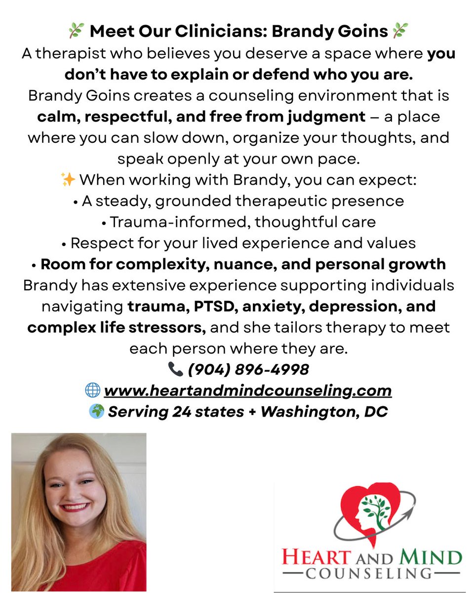 HeartandMindCo1's tweet photo. 🌿 Meet Our Clinician: Brandy Goins

A trauma-informed therapist who believes meaningful change begins when you feel safe enough to explore the harder parts of your life.

#MeetOurClinicians #TraumaInformedTherapy #MentalHealthSupport #PTSDRecovery #HeartAndMindCounseling https://t.co/x05wD8Wtgt