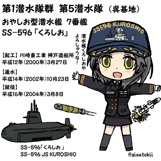 🎺おはようございます!
日曜日の朝です🌅

今日、3月8日は
#海上自衛隊
潜水艦「#くろしお」就役日
平成16年(2004年)3月8日
川崎重工業 → 川崎造船 神戸工場

潜水艦「#じんげい」就役日
令和6年(2024年)3月8日
三菱重工業神戸造船所

要🧴😷感染症対策
元気に行きましょう!
/(‾▽‾)✨ #艦これ 