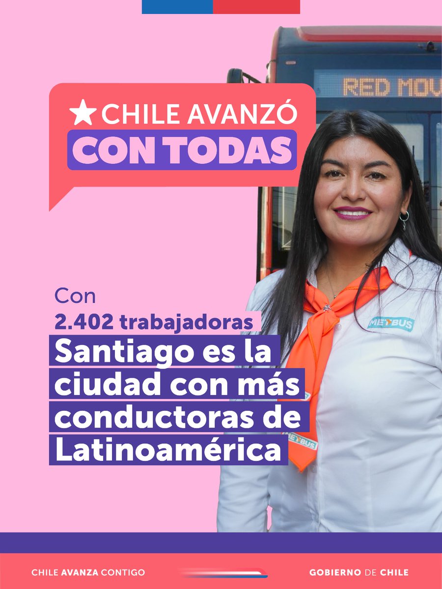 ¡Santiago lo conducen las mujeres! 🛞 El Programa #MujeresConductoras de <a href="/MTTChile/">Ministerio de Transportes y Telecomunicaciones</a> fortaleció su presencia en <a href="/Red_Movilidad/">Red Movilidad</a>, logrando ser la capital latinoamericana con más mujeres al volante y seguir avanzando en rubros masculinizados.

💜 Chile avanzó con todas.