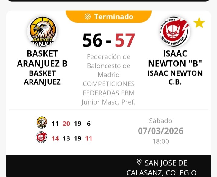 BasketAranjuez's tweet photo. Derrota del #JunMasc en casa frente a @cbisaacnewton. #Alberto: "Partido muy completo del equipo pese a la derrota. Los pequeños detalles hicieron no tener la opción de ganar." https://t.co/HDEDcaefrX