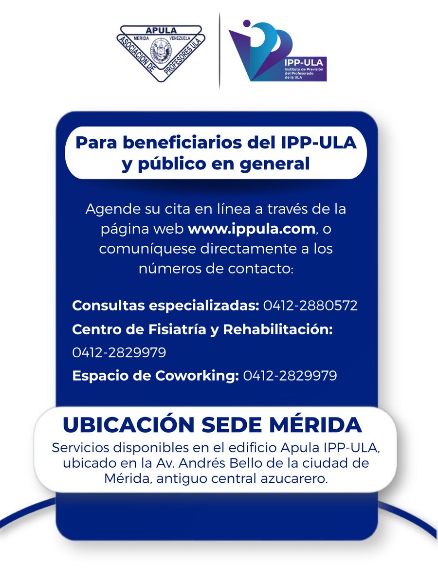 #07Mar | El IPP-ULA pone a disposición de todos sus beneficiarios y del público en general diversos canales de atención para facilitar sus trámites y consultas en la sede de #Mérida

🌐 Citas en línea:
👉🏻 ippula.com

✅ Consultas especializadas: 0412-2880572