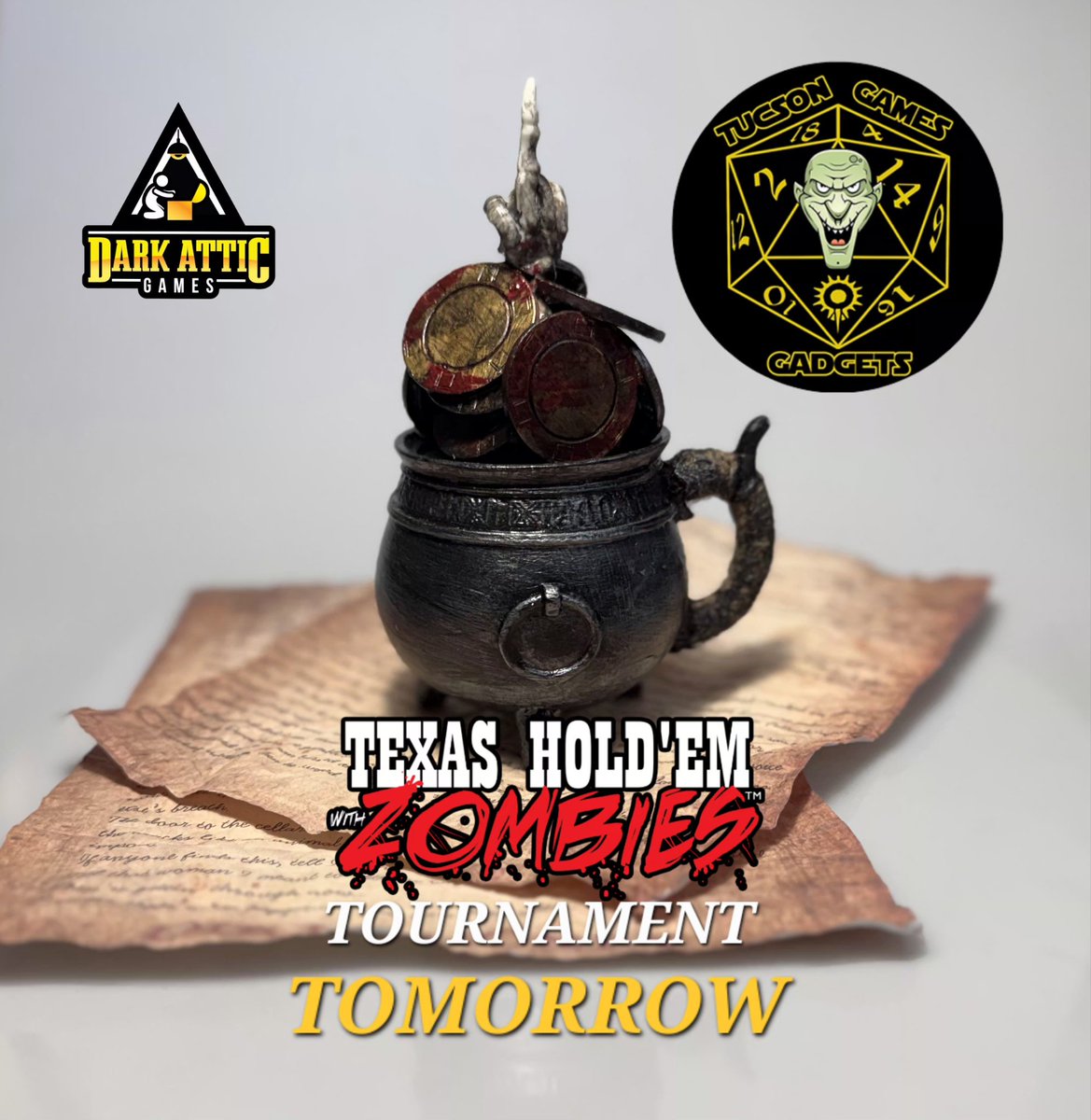 🧟‍♀️Our monthly #THZ tournament is tomorrow at Tucson Games and Gadgets in the Tucson Mall 4:00pm. Try your luck to win this trophy, made by Chris Abeyta .🧟
<a href="/tucgamesgadgets/">TucsonGamesandGadget</a>  <a href="/ShortRestTavern/">Short Rest Tavern</a> <a href="/THwithZombies/">TexasHoldemW/Zombies</a>