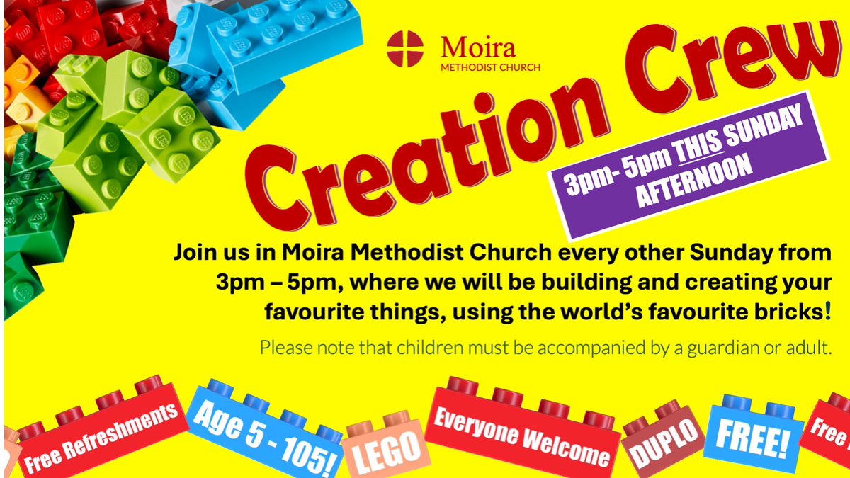 Creation Crew meets again in Moira Methodist Church from 3pm - 5pm tomorrow, Sunday 8 March 2026. Completely FREE, why not come along and join us as we build our favourite things? Mums, dads, grannies, grandas, aunts, uncles and littl'uns all very, very welcome 👍