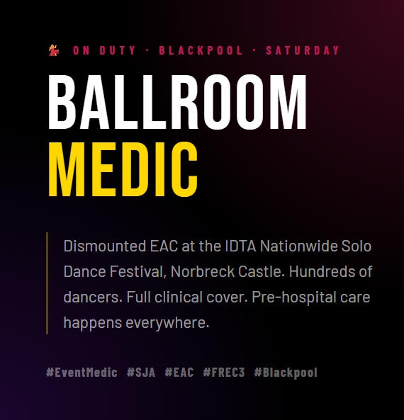 On duty today with St John Ambulance at the ballroom competition at the Norbreck Castle Hotel.
Day started with the usual kit checks and readiness before the dancers arrived.
If you’ve ever thought about volunteering with St John Ambulance, drop me a message.
🚑