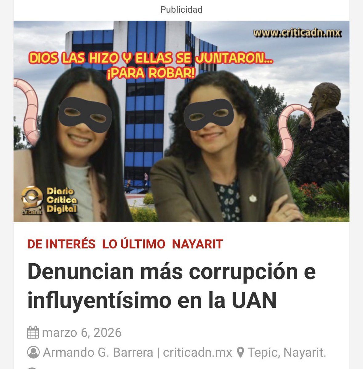 criticadn's tweet photo. ©️🗣️ Ahora acusan “reparto” de loncherías entre allegados de la #rectora y su nefasto marido, donde también está embarrada la dirigente de la #FEUAN Valeria de León. ‼️ 🐀
#UAN #DiarioCríticaDigital #Criticadnmx
⬇️⬇️
https://t.co/hFwvvqUavX https://t.co/52Wtw0i4R3