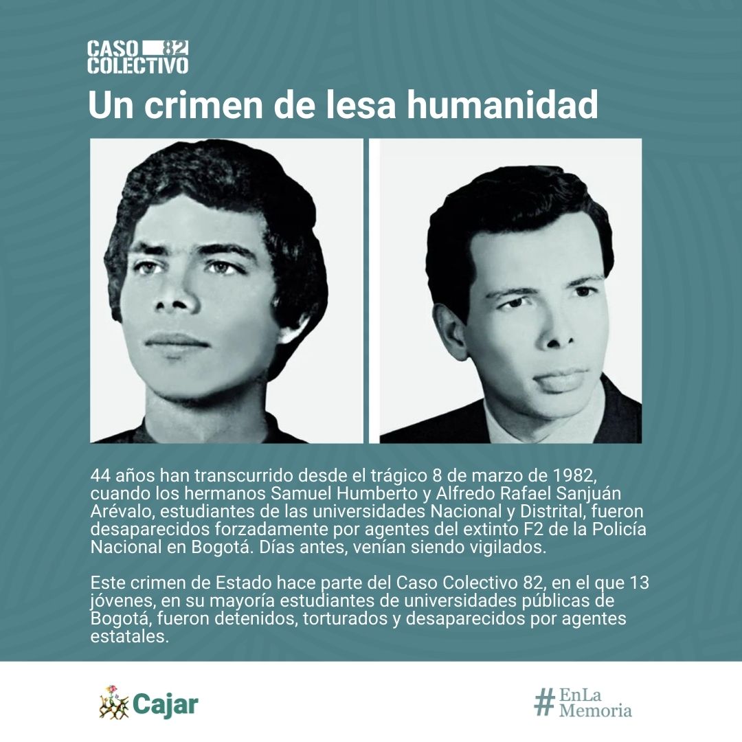 #EnLaMemoria 🌷Hace 44 años la familia Sanjuán Arévalo fue víctima de uno de los crímenes más atroces, la desaparición forzada de dos de sus hijos: Samuel Humberto, estudiante de antropología de la Universidad Nacional, y Alfredo Rafael, estudiante de arquitectura también en la