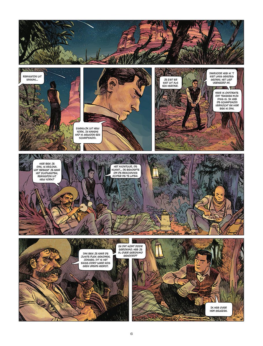 stripland_BENL's tweet image. 1885 - #FredericRemington, een jonge illustrator, droomt ervan om het #WildeWesten te tonen aan de wereld adhv zijn illustraties. Hij sluit zich aan bij een cavalerie dat achter #Geronimo, het ongrijpbare opperhoofd, aan gaat. #SagarFornies #JosepMaríaPolls. Komende week te koop.