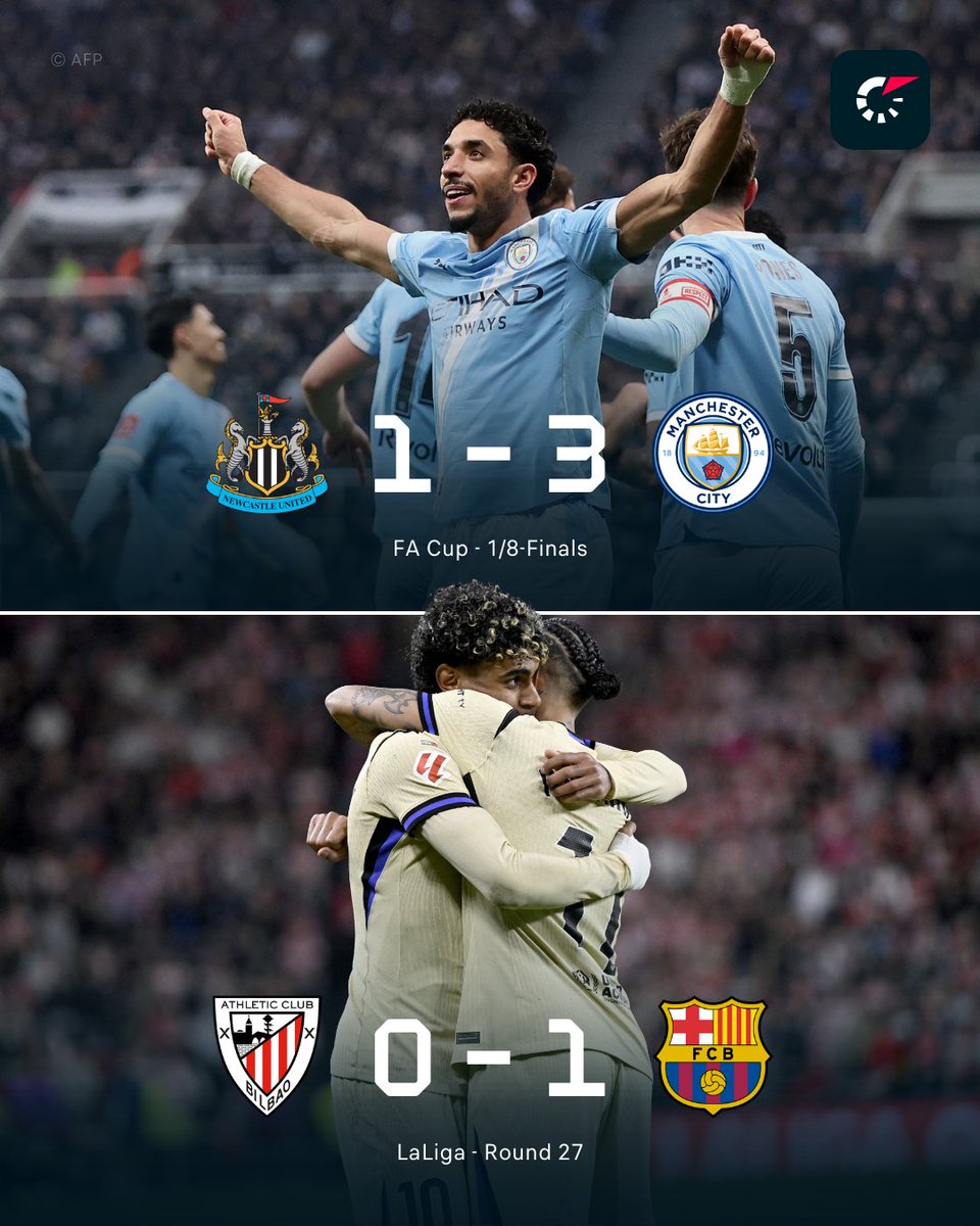 Flashscorecom's tweet photo. City go through to the last 8️⃣ of the FA Cup as Barça regain their 4️⃣-point gap at the top of LaLiga. ✅
View the match stats. 📲
🏴 https://t.co/W6bWe06qQH
🇪🇸 https://t.co/ListpiwX8G
#MCINEW #AthleticBarça https://t.co/d8R8zWsp32