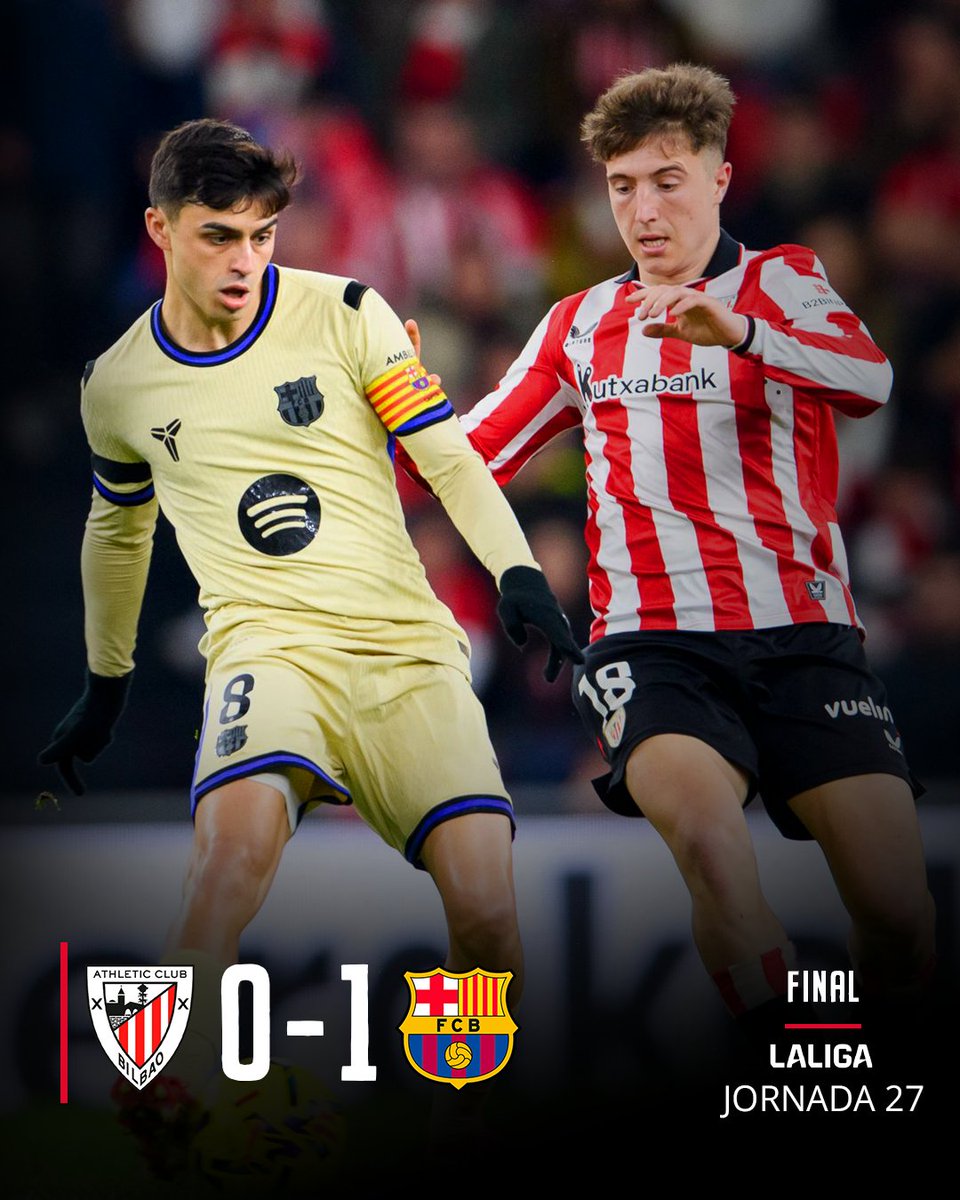 AthleticClub's tweet photo. 🔚 𝗙𝗜𝗡𝗔𝗟

Derrota por la mínima del Athletic frente al Barça. El gran esfuerzo de los leones, sin premio. 

#AthleticBarça #AthleticClub 🦁 https://t.co/qCqYB4m1FK