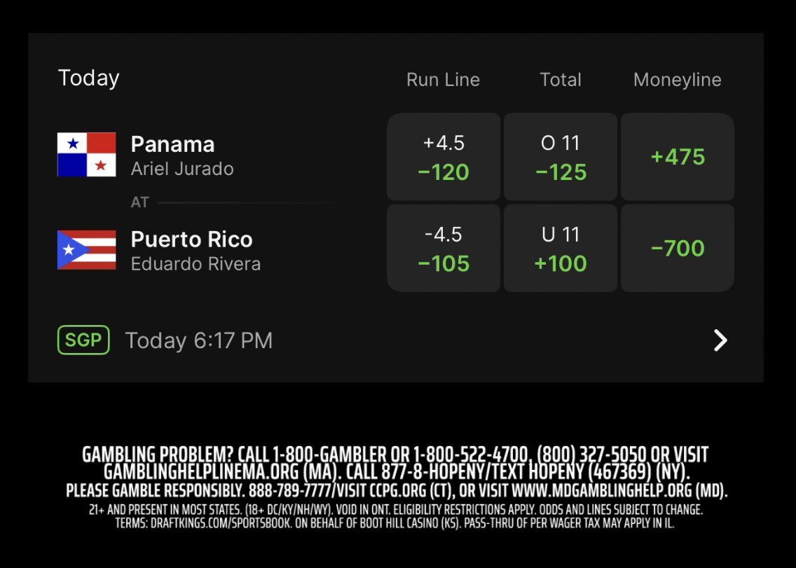 🇵🇦Panama vs 🇵🇷Puerto Rico World Baseball Classic Insights <a href="/DKSportsbook/">DraftKings Sportsbook</a>

Most Bet Player Props

💰
Heliot Ramos 1+ HRs
Nolan Arenado 1+ HRs
Edmundo Sosa 1+ HRs

🎟️
Heliot Ramos 1+ HRs
Nolan Arenado 1+ HRs
Willi Castro 1+ HRs

Splits:
72%💰| 97%🎟️ on PR ML
70%💰| 69%🎟️ on PR -4.5