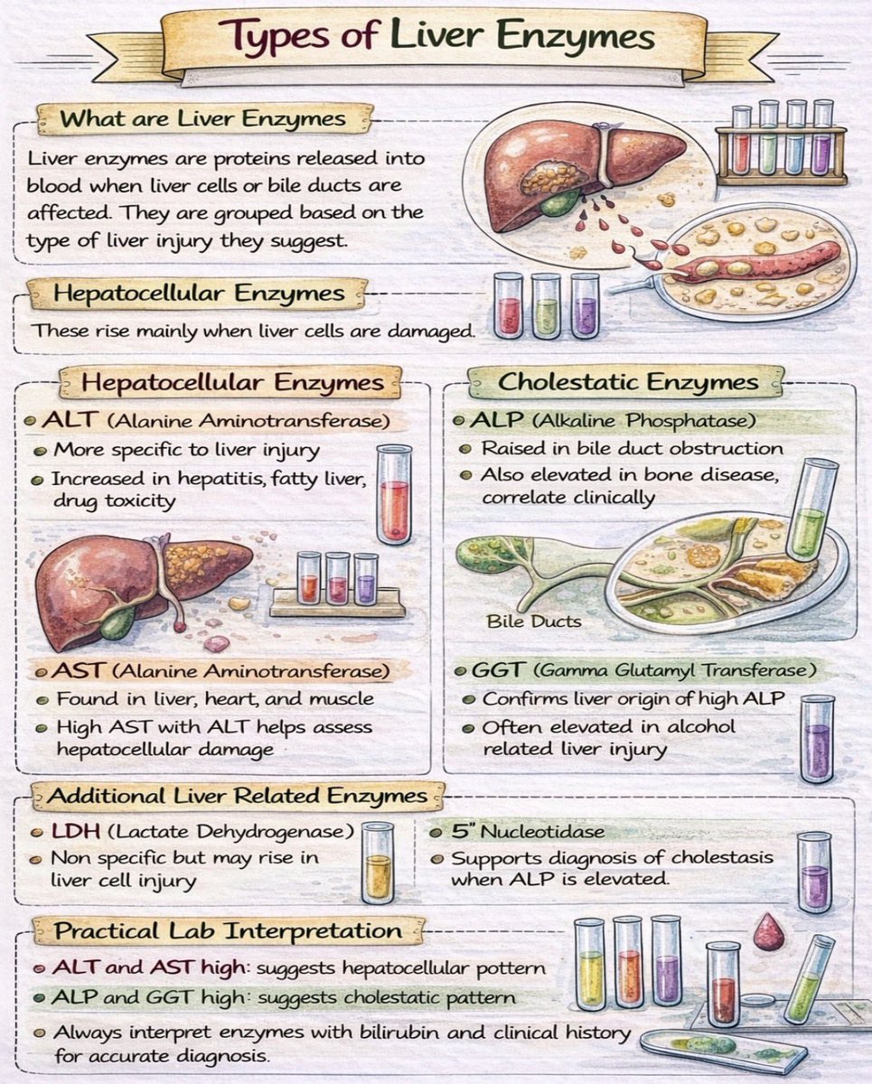 somaya_alz's tweet image. معلومة سريعة 👣

من أساسيات تفسير Liver enzymes داخل المختبر:

🔹ALT , AST 
ارتفاعها غالباً يعطيك اشارة لضرر liver  

🔹 ALP,GGT 
ارتفاعها غالباً يعطيك إشارة الى وجود مشكلة في القنوات الصفراوية ( Cholestasis )

توضيح اكثر🔽
#Laboratory