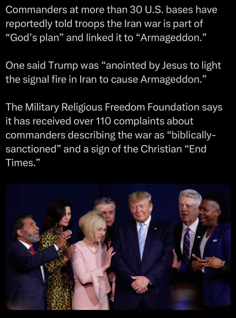 <a href="/UBERSOY1/">UBERSOY</a> the people around him are using him to kick off a giant war centering israel to trigger the “end times” and bring Jesus back. that sounds schizophrenic as fuck because it is, but its what dozens of people in trump’s ear right now literally believe. especially if they destroy “the